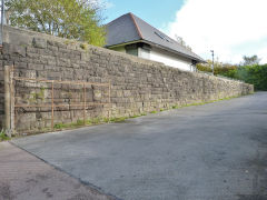 Retaining wall under Platform 4 of Brynmawr Station, Brynmawr, October 2012